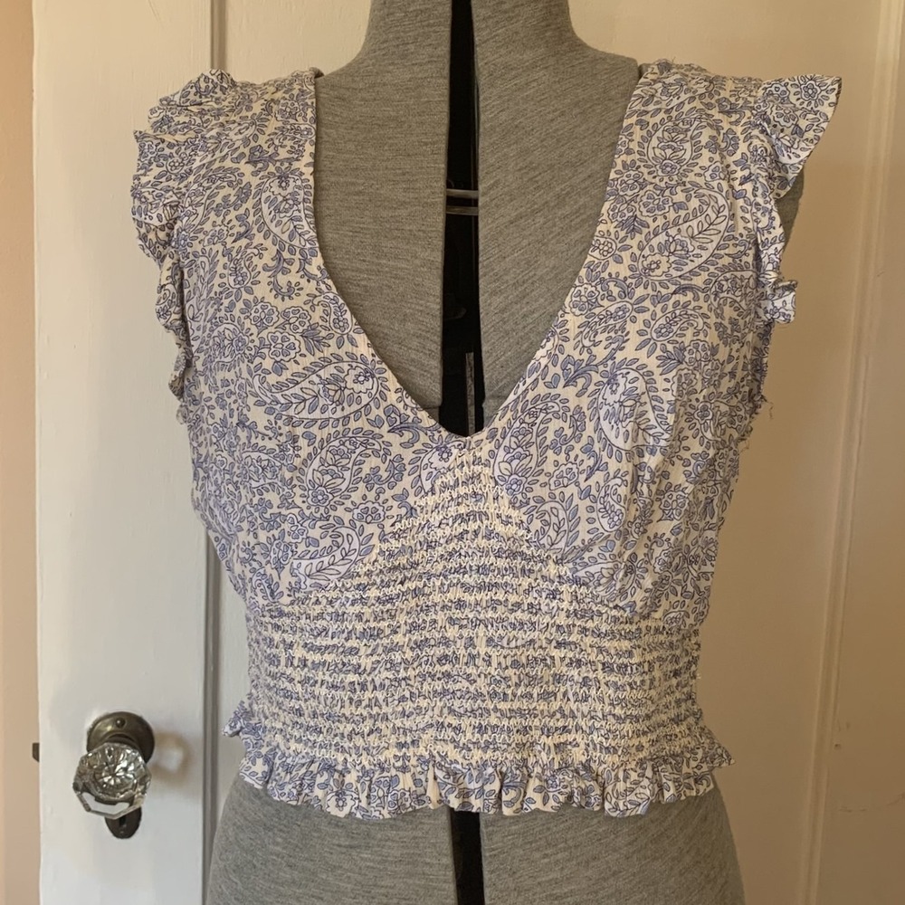 Patrons of Peace Blue Paisley Smocked Crop Top Ruffle Sleeve V-Neck Medium